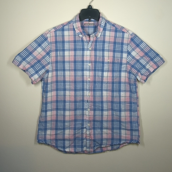 Michael Bastian Men’s Short Sleeve Button Down Shirt Blue/Pink Plaid Size M - Picture 1 of 6